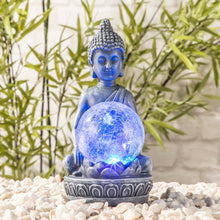 Lade das Bild in den Galerie-Viewer, LED Solar Buddha mit Crackle Glaskugel und Farbwechsel, ca. 20 cm
