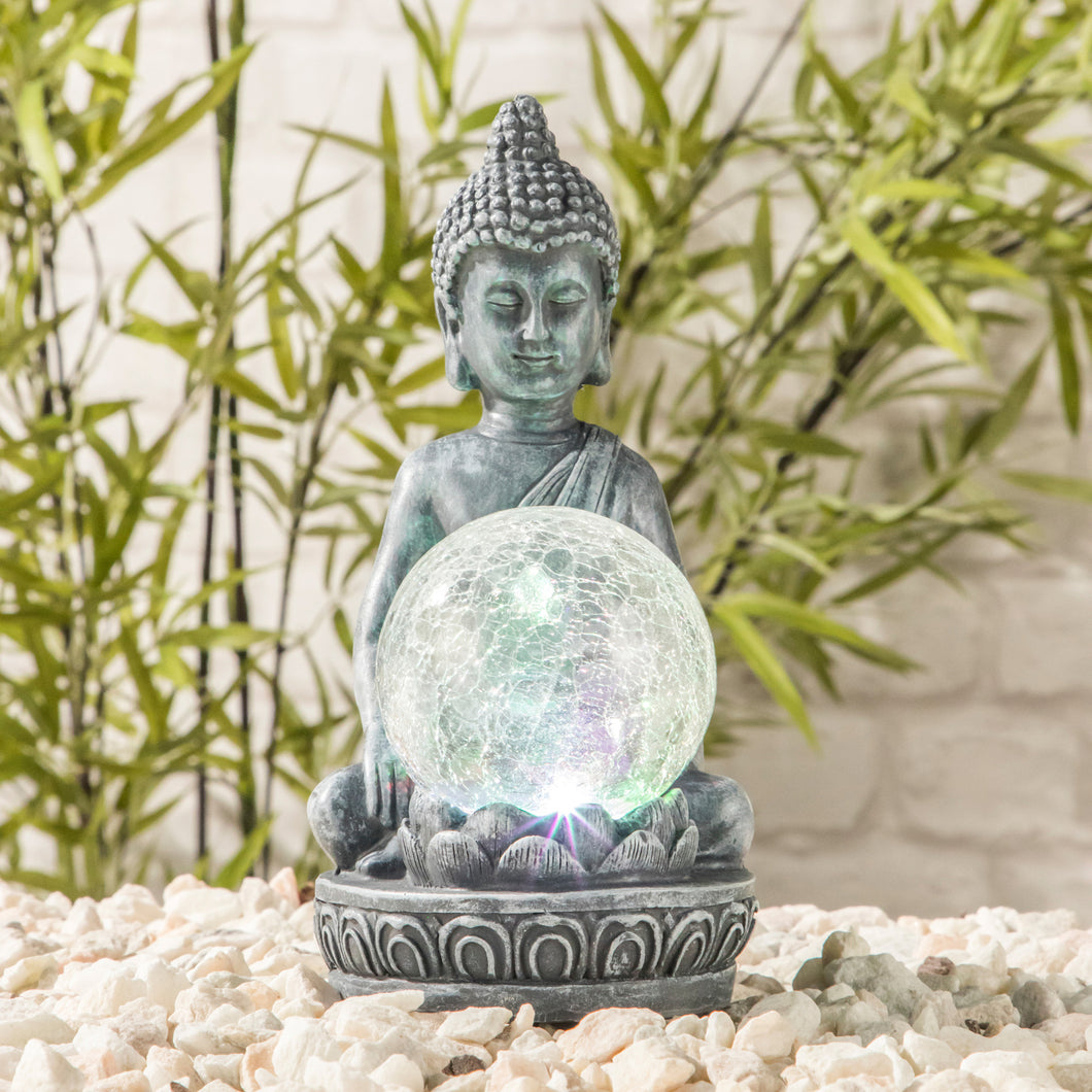 LED Solar Buddha mit Crackle Glaskugel und Farbwechsel, ca. 20 cm